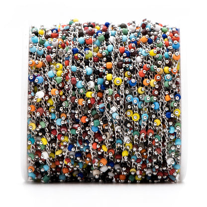 Rhodium plated Brass Beaded Chains, 1.8mm Chain with Glass Seed Beads, Necklace Chain Components (#LK-271-4)/ 1 Meter=3.3 ft