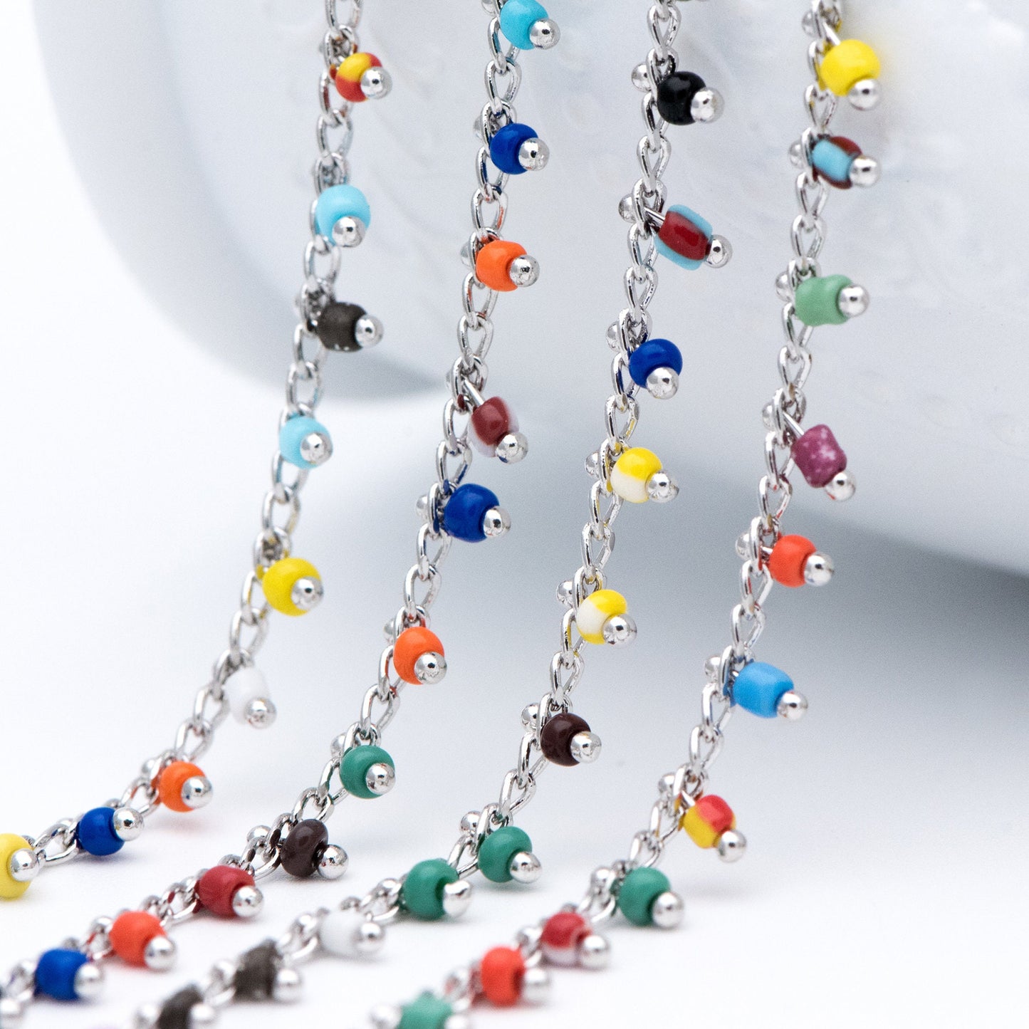Rhodium plated Brass Beaded Chains, 1.8mm Chain with Glass Seed Beads, Necklace Chain Components (#LK-271-4)/ 1 Meter=3.3 ft