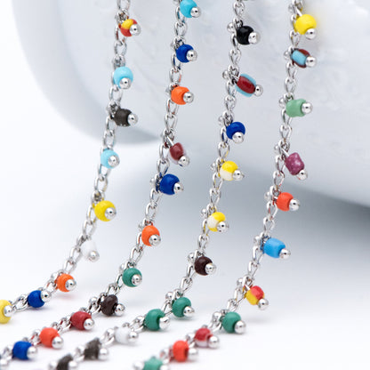 Rhodium plated Brass Beaded Chains, 1.8mm Chain with Glass Seed Beads, Necklace Chain Components (#LK-271-4)/ 1 Meter=3.3 ft
