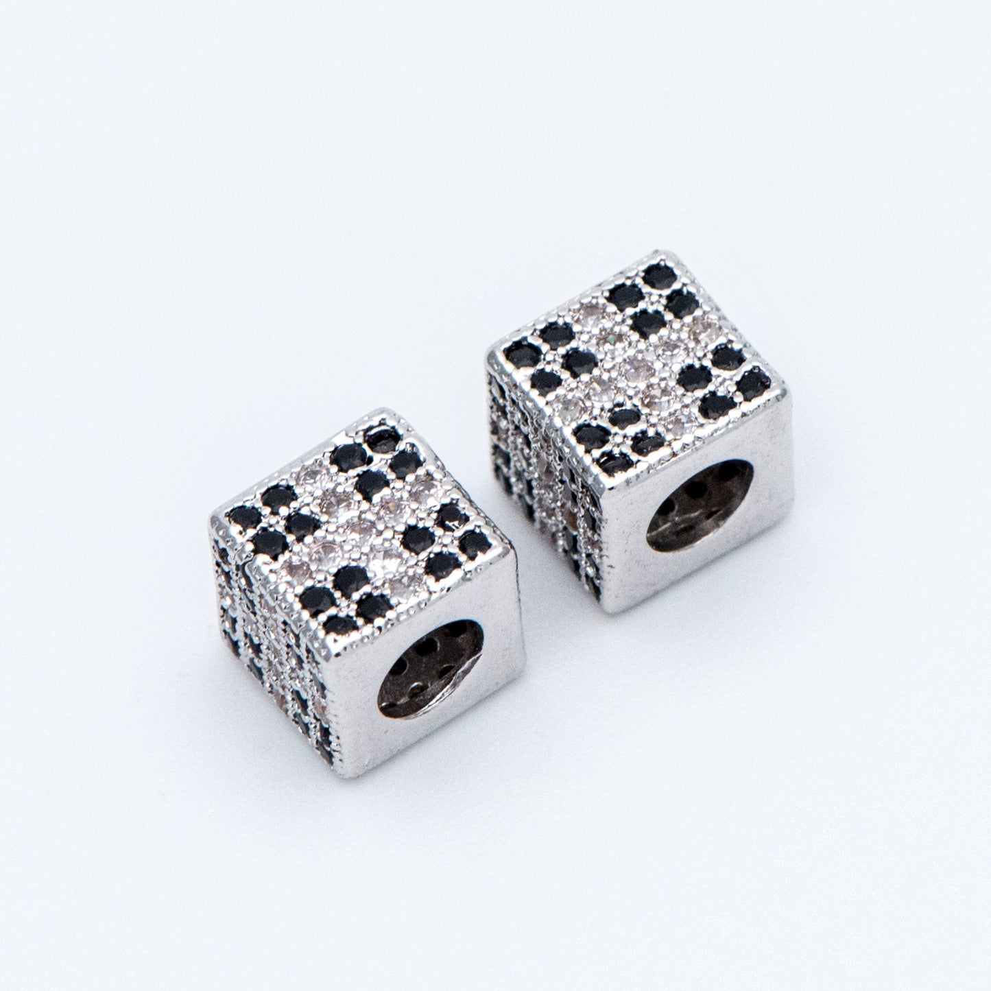4pcs CZ Pave Silver Cube Spacers 7mm, Rhodium plated brass, Large Hole Square Beads (GB-797-2)