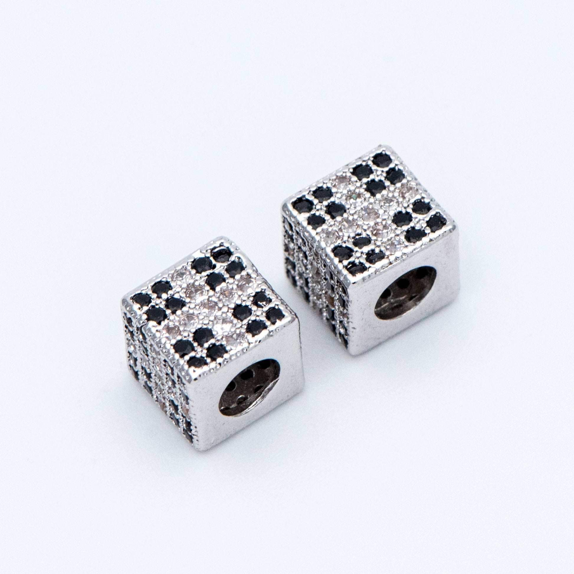 4pcs CZ Pave Silver Cube Spacers 7mm, Rhodium plated brass, Large Hole Square Beads (GB-797-2)
