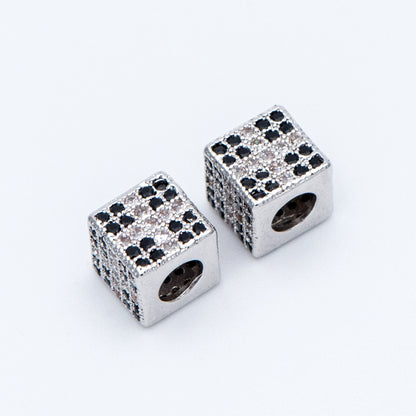 4pcs CZ Pave Silver Cube Spacers 7mm, Rhodium plated brass, Large Hole Square Beads (GB-797-2)
