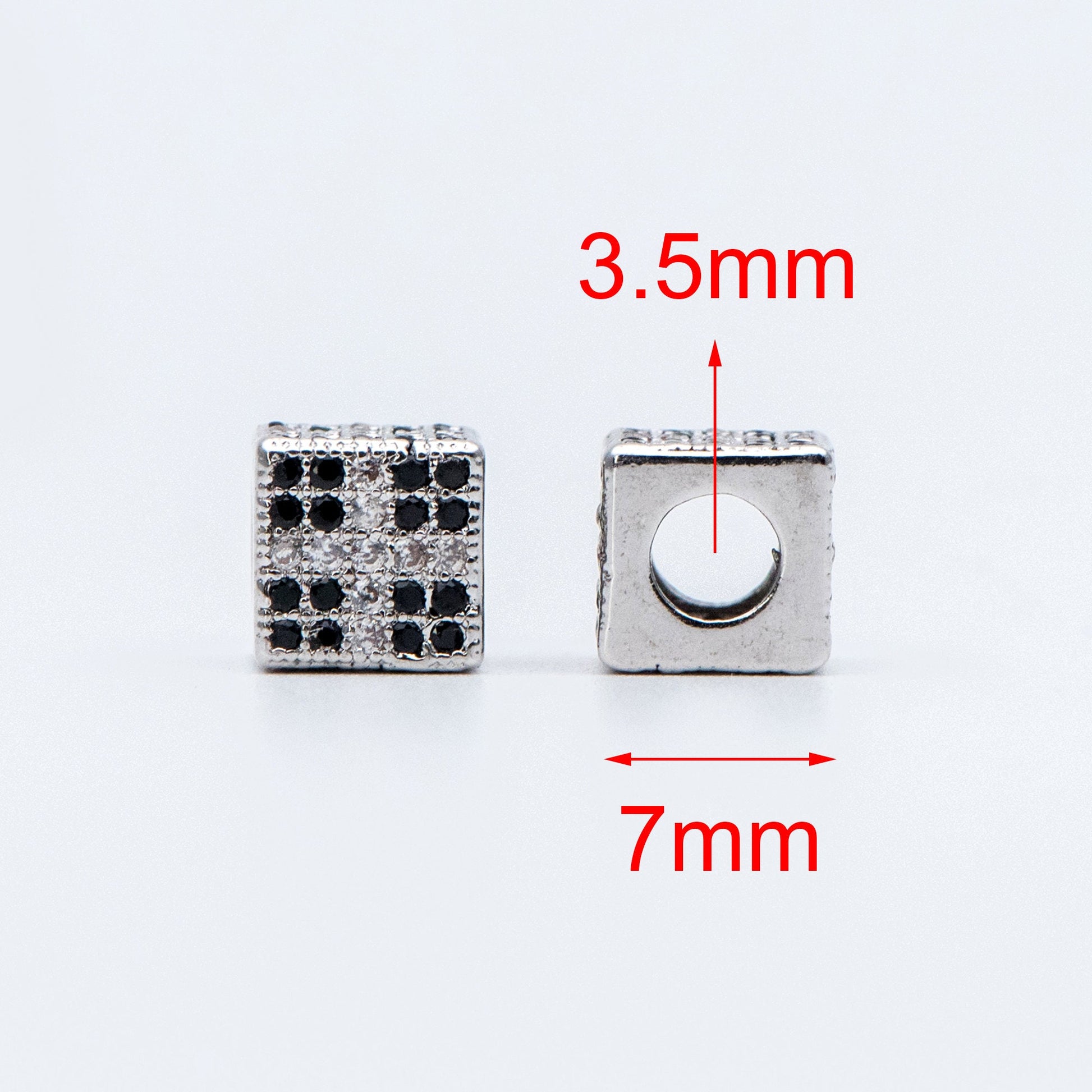 4pcs CZ Pave Silver Cube Spacers 7mm, Rhodium plated brass, Large Hole Square Beads (GB-797-2)