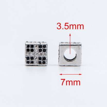 4pcs CZ Pave Silver Cube Spacers 7mm, Rhodium plated brass, Large Hole Square Beads (GB-797-2)