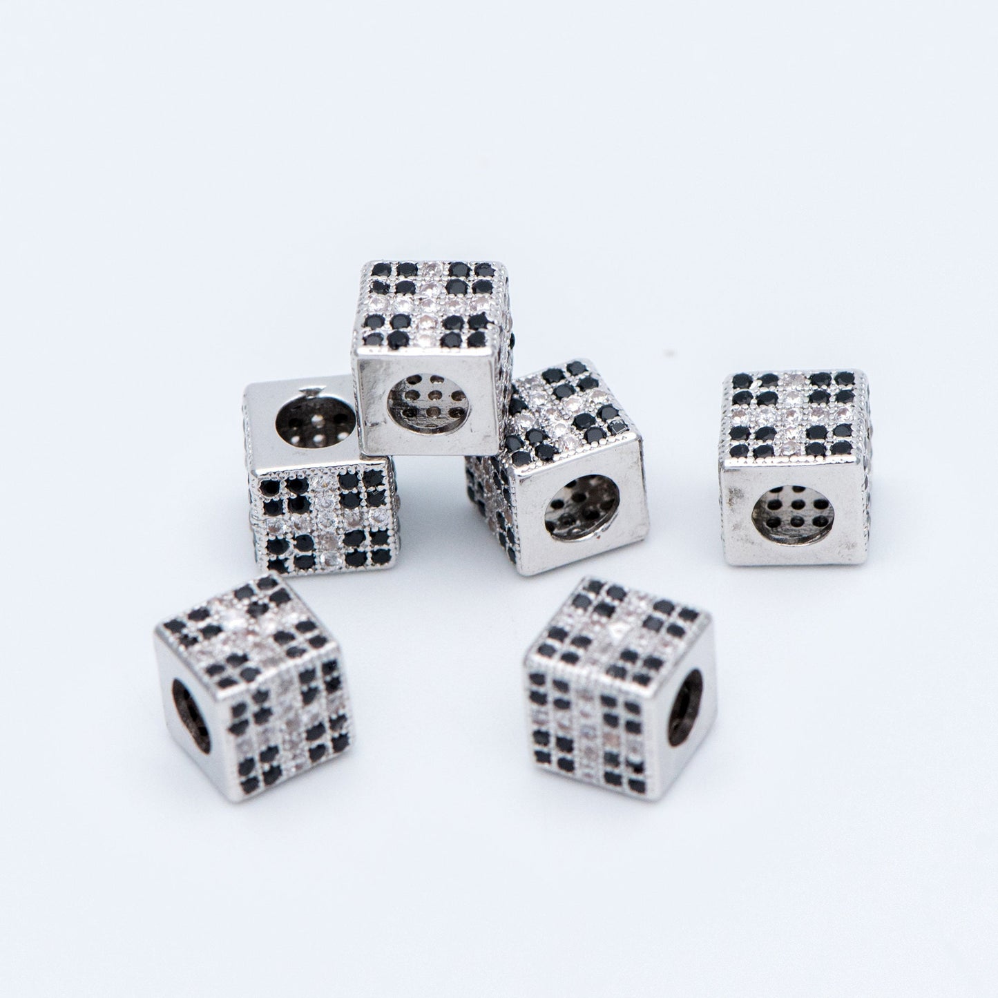 4pcs CZ Pave Silver Cube Spacers 7mm, Rhodium plated brass, Large Hole Square Beads (GB-797-2)