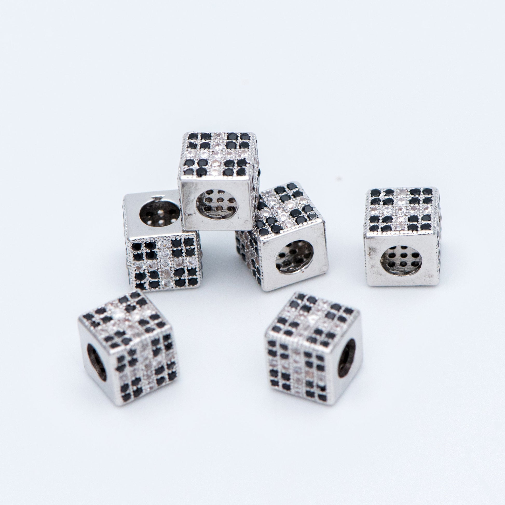 4pcs CZ Pave Silver Cube Spacers 7mm, Rhodium plated brass, Large Hole Square Beads (GB-797-2)