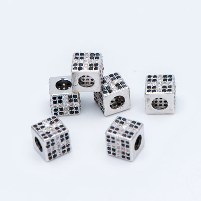 4pcs CZ Pave Silver Cube Spacers 7mm, Rhodium plated brass, Large Hole Square Beads (GB-797-2)