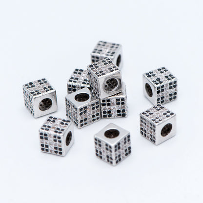 4pcs CZ Pave Silver Cube Spacers 7mm, Rhodium plated brass, Large Hole Square Beads (GB-797-2)