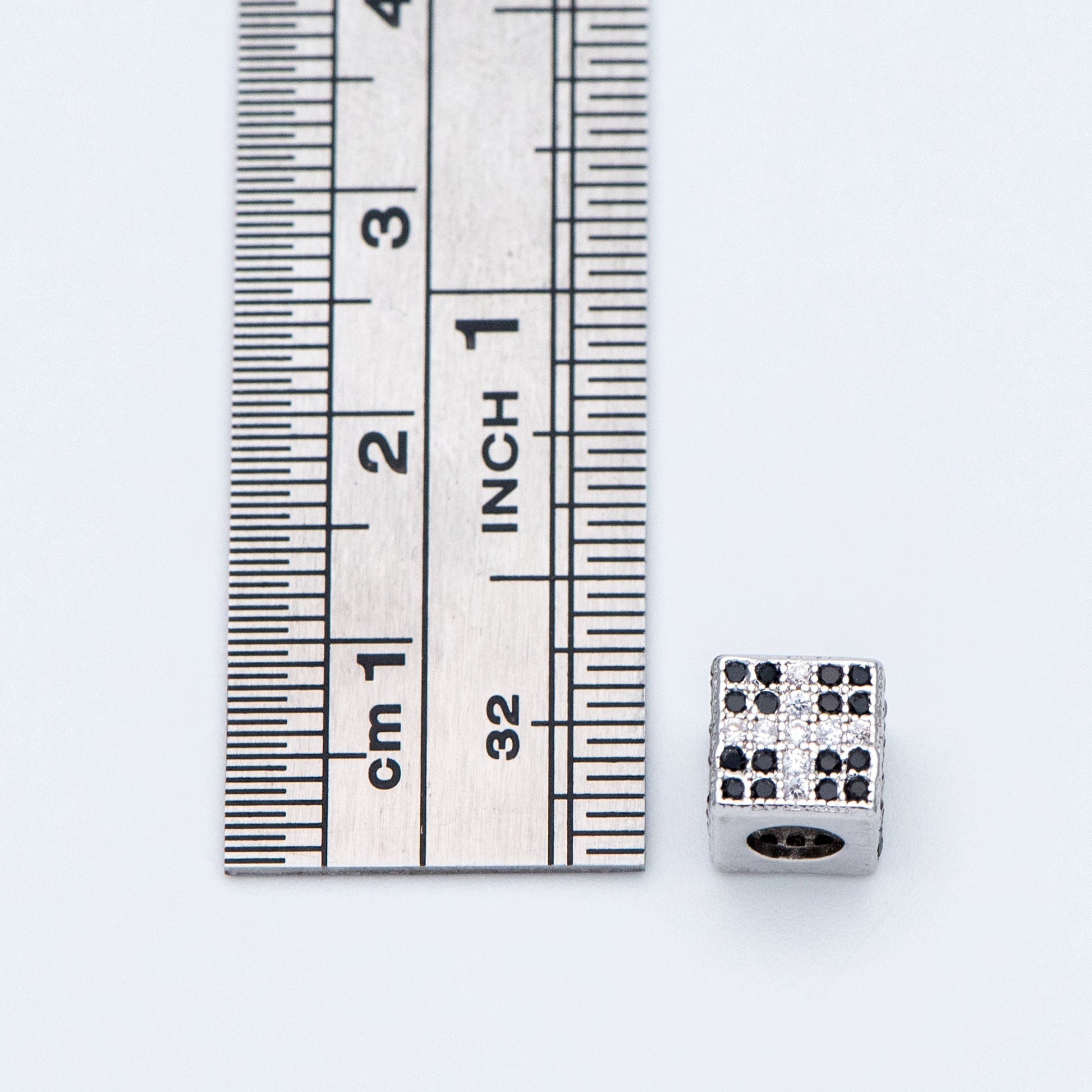 4pcs CZ Pave Silver Cube Spacers 7mm, Rhodium plated brass, Large Hole Square Beads (GB-797-2)