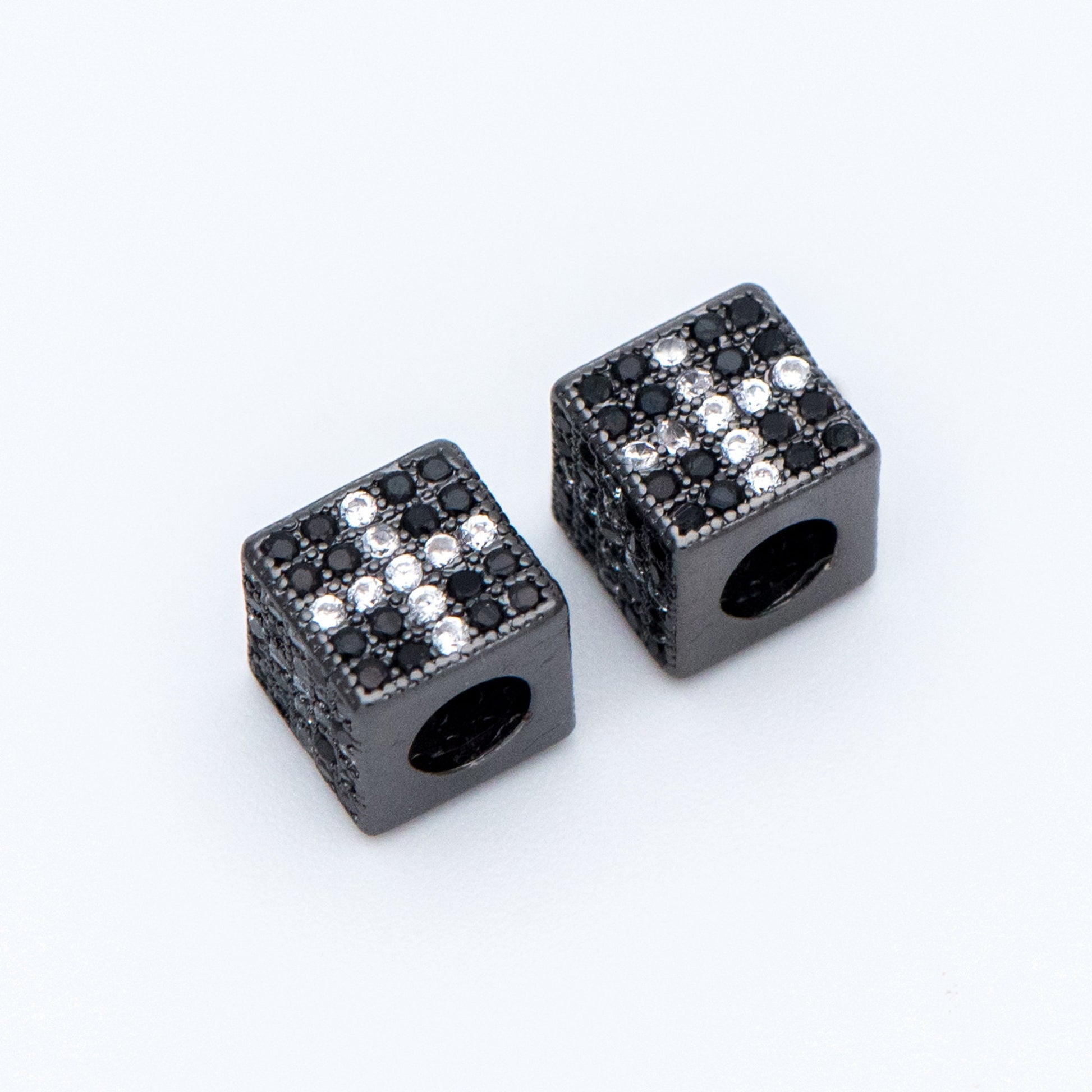 4pcs CZ Pave Black Cube Spacers 7mm, Gun Metal plated Brass, Large Hole Square Beads (GB-797-3)