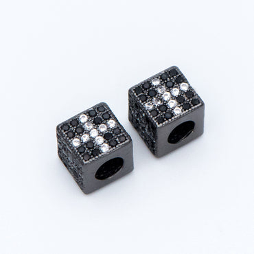 4pcs CZ Pave Black Cube Spacers 7mm, Gun Metal plated Brass, Large Hole Square Beads (GB-797-3)