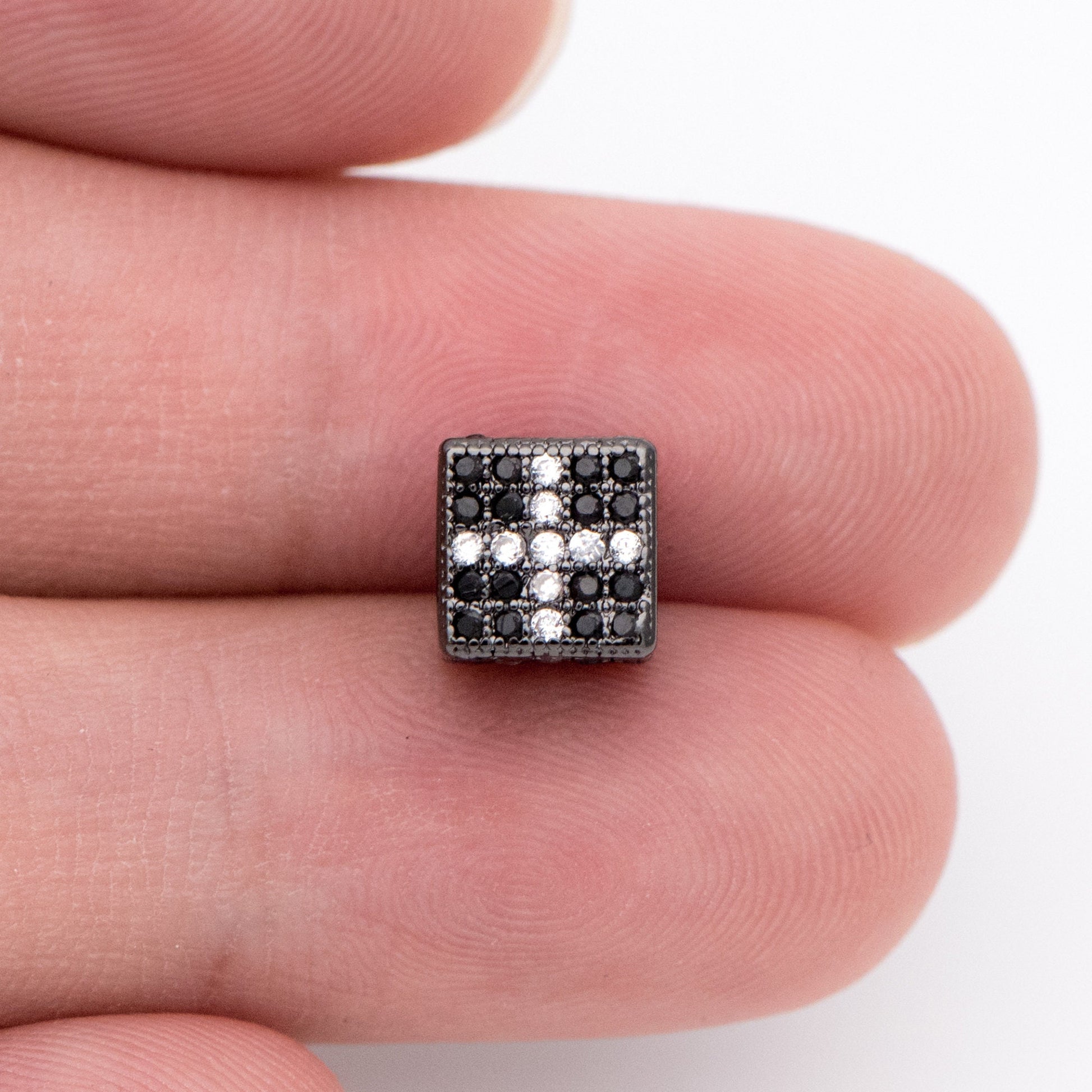 4pcs CZ Pave Black Cube Spacers 7mm, Gun Metal plated Brass, Large Hole Square Beads (GB-797-3)