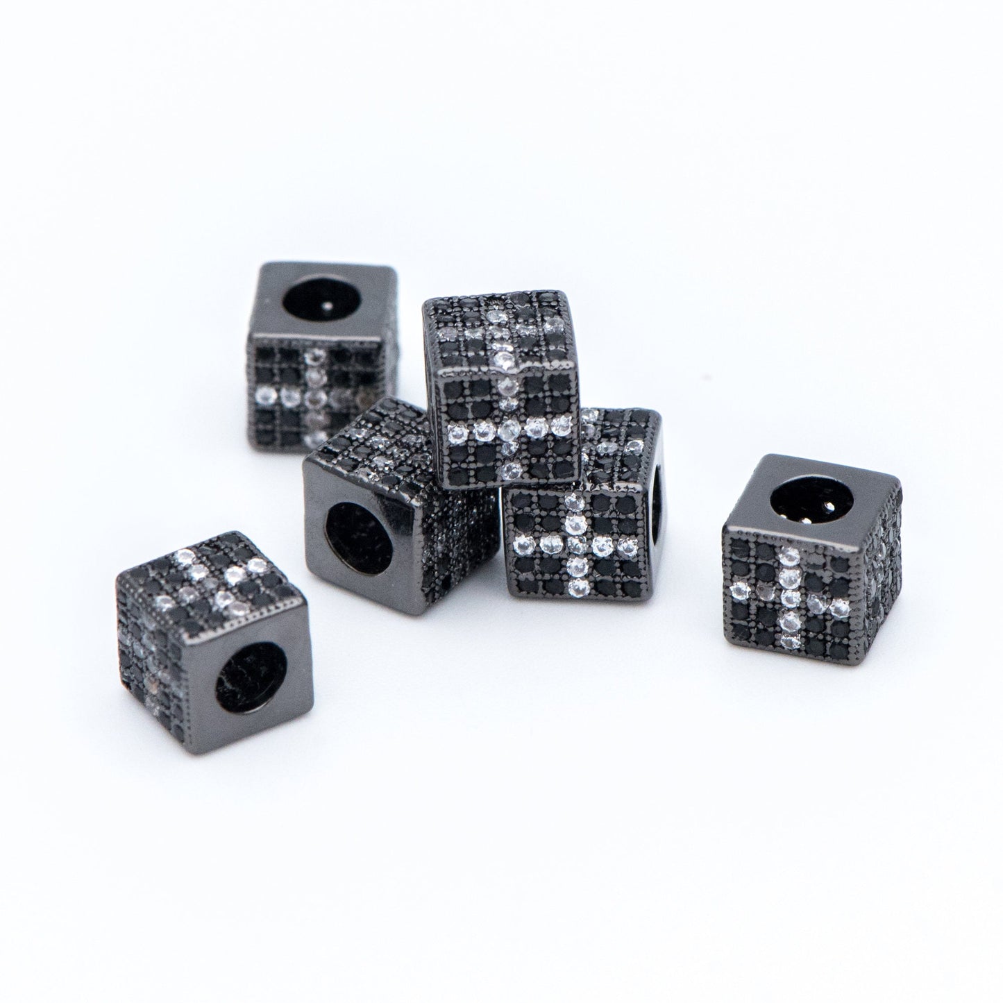 4pcs CZ Pave Black Cube Spacers 7mm, Gun Metal plated Brass, Large Hole Square Beads (GB-797-3)