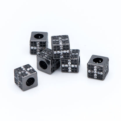 4pcs CZ Pave Black Cube Spacers 7mm, Gun Metal plated Brass, Large Hole Square Beads (GB-797-3)