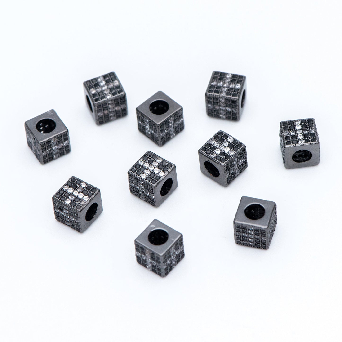 4pcs CZ Pave Black Cube Spacers 7mm, Gun Metal plated Brass, Large Hole Square Beads (GB-797-3)