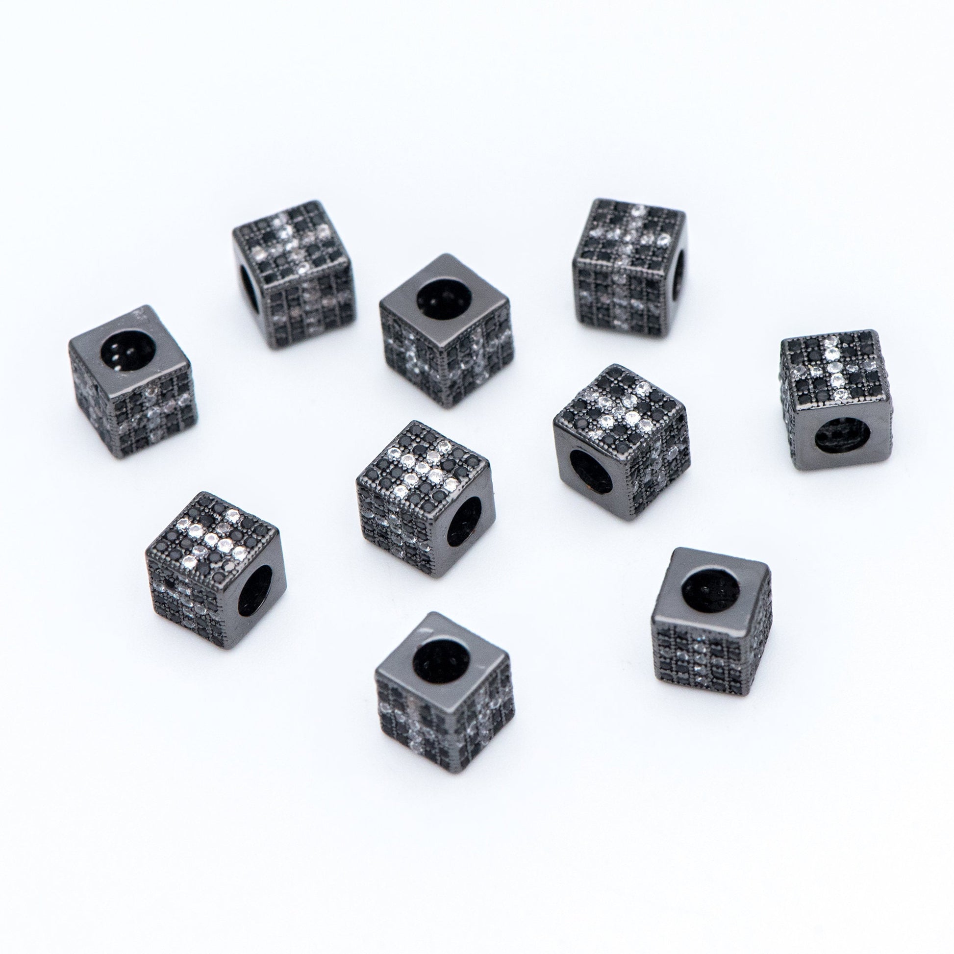 4pcs CZ Pave Black Cube Spacers 7mm, Gun Metal plated Brass, Large Hole Square Beads (GB-797-3)
