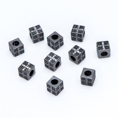 4pcs CZ Pave Black Cube Spacers 7mm, Gun Metal plated Brass, Large Hole Square Beads (GB-797-3)