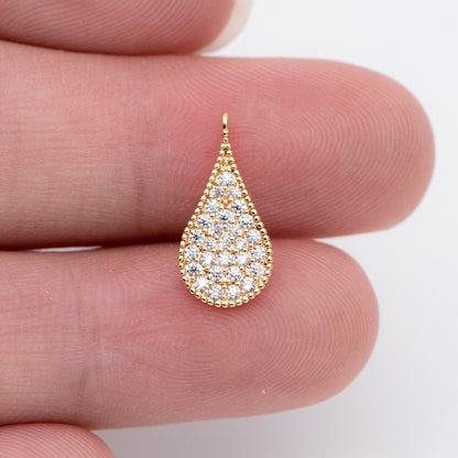 4pcs CZ Pave Gold Teardrop Charms 15x7mm, 18K Gold plated Brass Drop Pendants (GB-841)