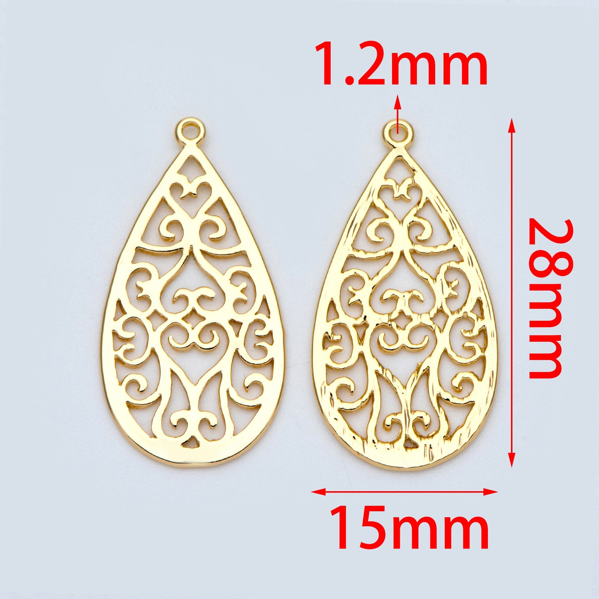 10pcs Gold Teardrop Charms 28x15mm, 18K Gold plated Brass, Filigree Drop Pendants (GB-839)