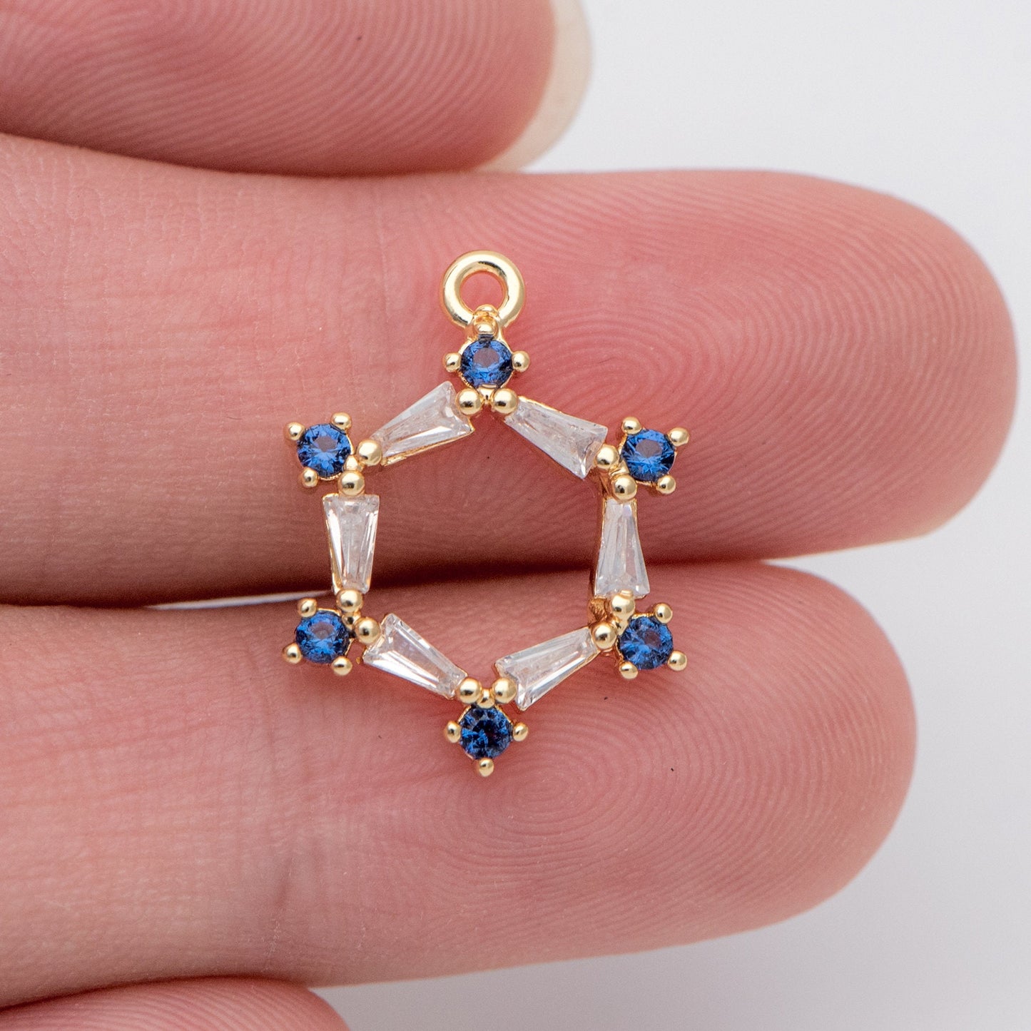 10pcs CZ pave Gold Hexagon Pendants 15mm, 18K Gold plated Brass, Blue Rhinestone Geometric Charms (GB-863)