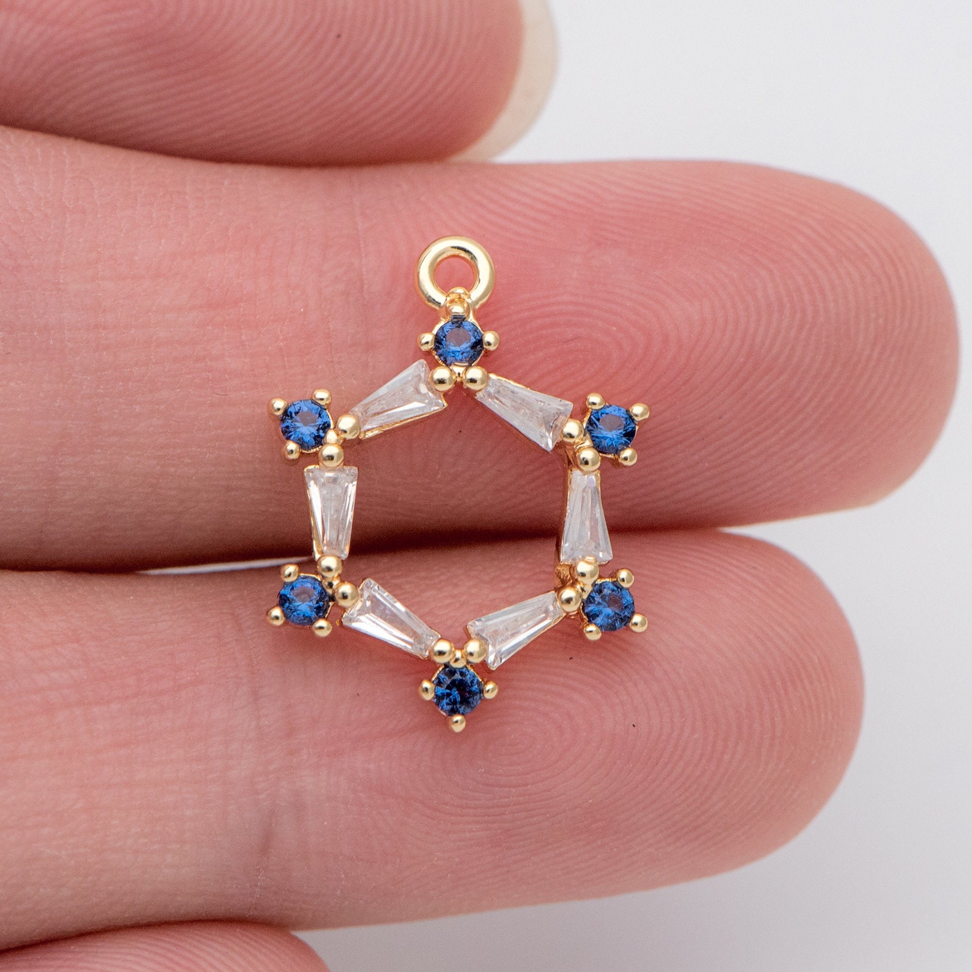 10pcs CZ pave Gold Hexagon Pendants 15mm, 18K Gold plated Brass, Blue Rhinestone Geometric Charms (GB-863)