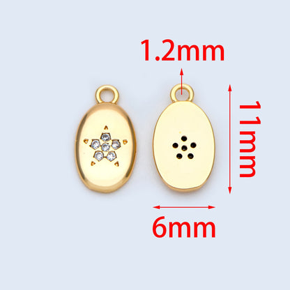 10pcs Gold plated Brass Oval Disc Charms 11x6mm, CZ Pave Star Disk Pendants (GB-162-D)