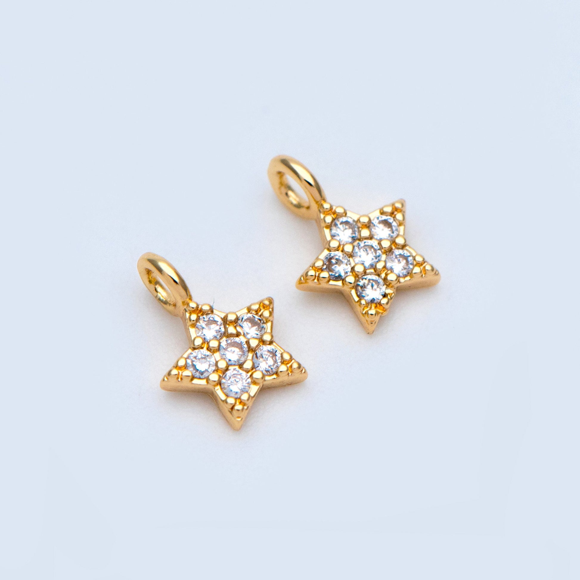 10pcs CZ Pave Gold Star Charm Pendants 8x6mm, Real Gold plated Brass, Color Not Easily Tarnish (GB-162-C)