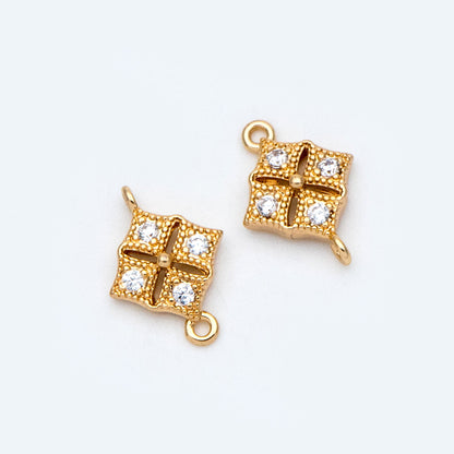 10pcs CZ Pave Gold Rhombus Connector 11mm, Cubic Zirconia Paved Geometric Pendants, Real Gold plated Brass Square Charms (GB-3780-D)