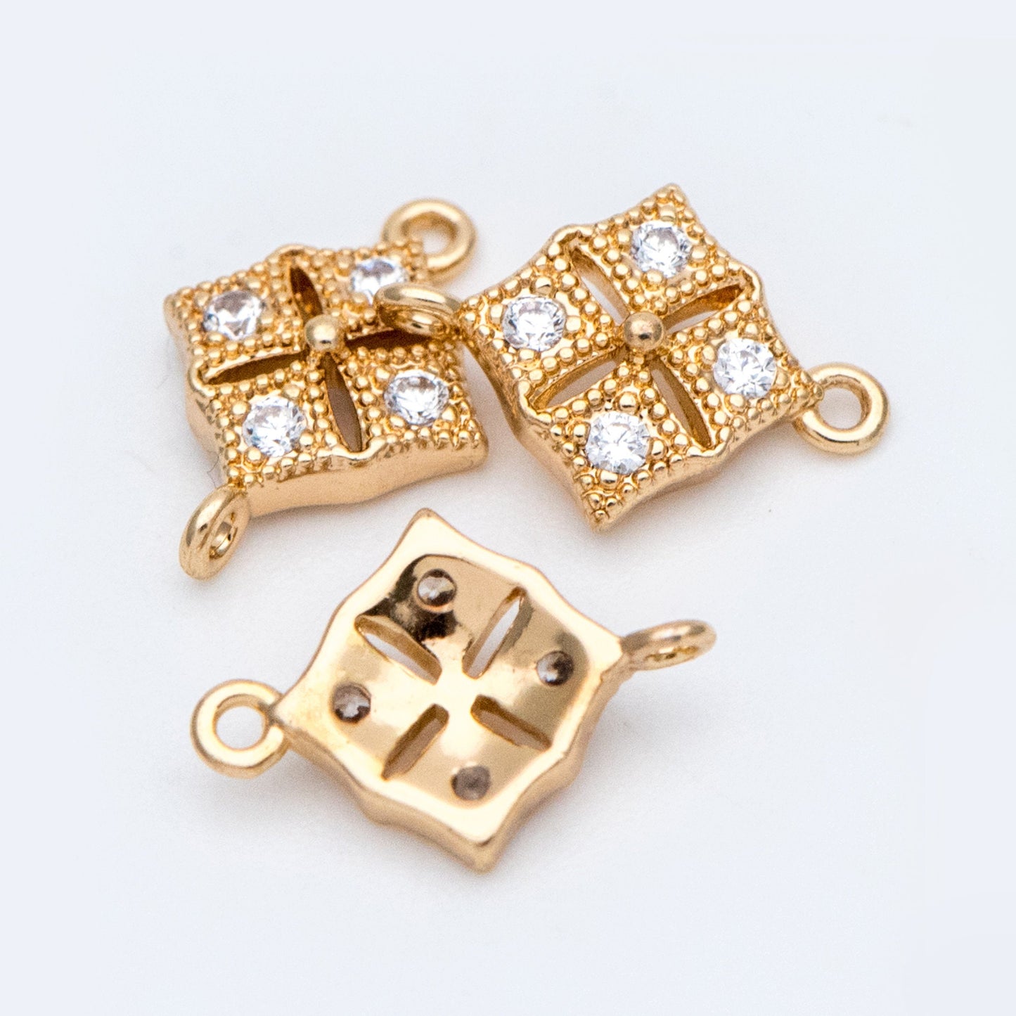 10pcs CZ Pave Gold Rhombus Connector 11mm, Cubic Zirconia Paved Geometric Pendants, Real Gold plated Brass Square Charms (GB-3780-D)