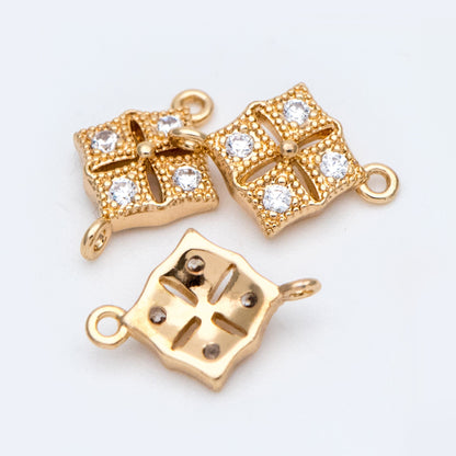 10pcs CZ Pave Gold Rhombus Connector 11mm, Cubic Zirconia Paved Geometric Pendants, Real Gold plated Brass Square Charms (GB-3780-D)
