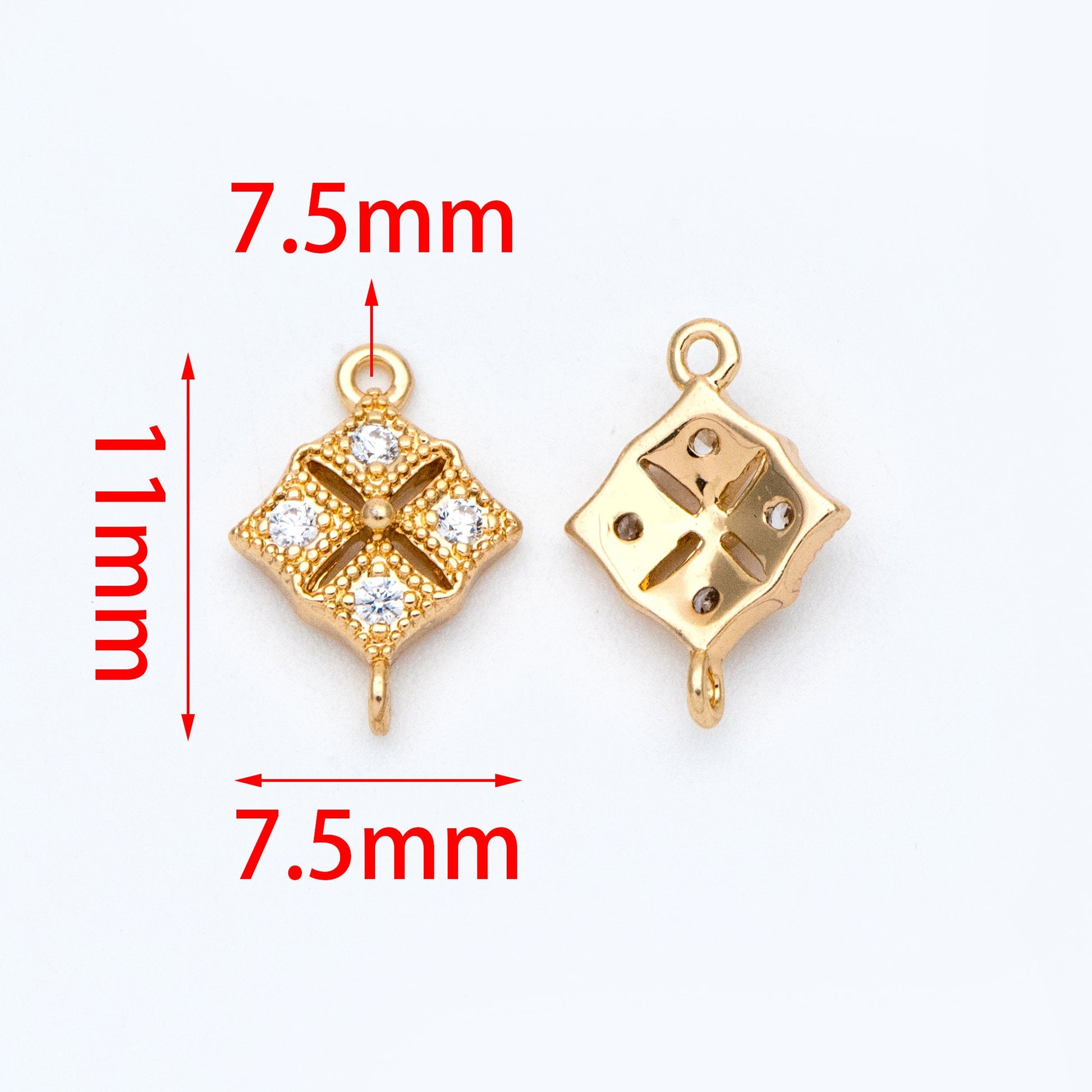 10pcs CZ Pave Gold Rhombus Connector 11mm, Cubic Zirconia Paved Geometric Pendants, Real Gold plated Brass Square Charms (GB-3780-D)