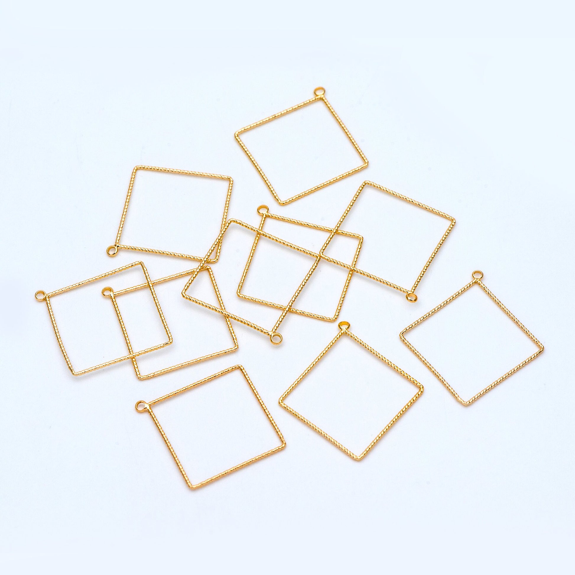 10pcs Gold Rhombus Pendants, Geometric Hoop Charms, Wired Square Links 18/ 25mm (GB-817)