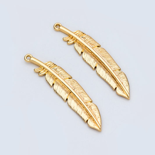4pcs Gold/ Silver Tone Feather Pendants 37x8mm, 18K gold/ rhodium plated Brass Feather Charms, Lead Nickel Free (GB-383-C)