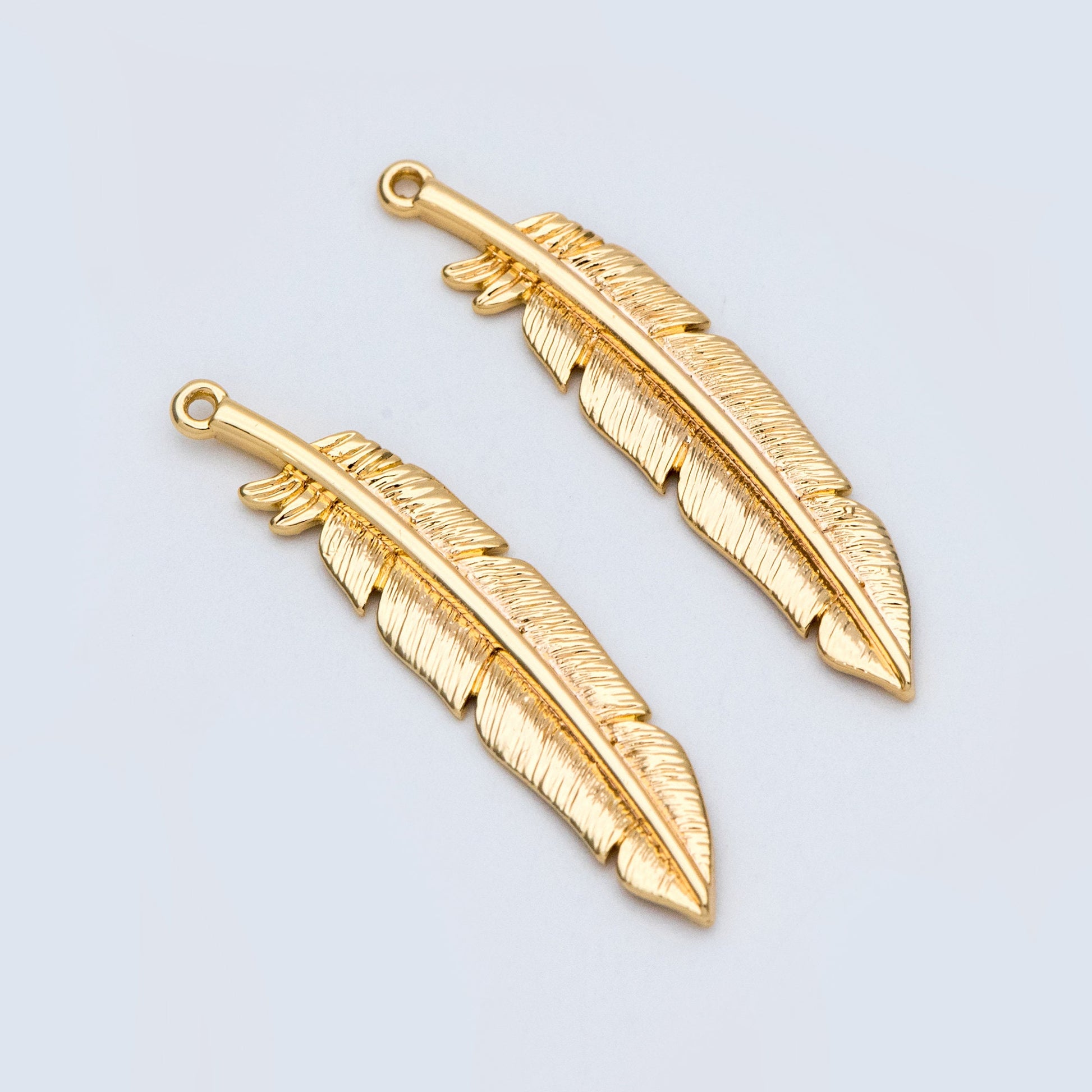 4pcs Gold/ Silver Tone Feather Pendants 37x8mm, 18K gold/ rhodium plated Brass Feather Charms, Lead Nickel Free (GB-383-C)