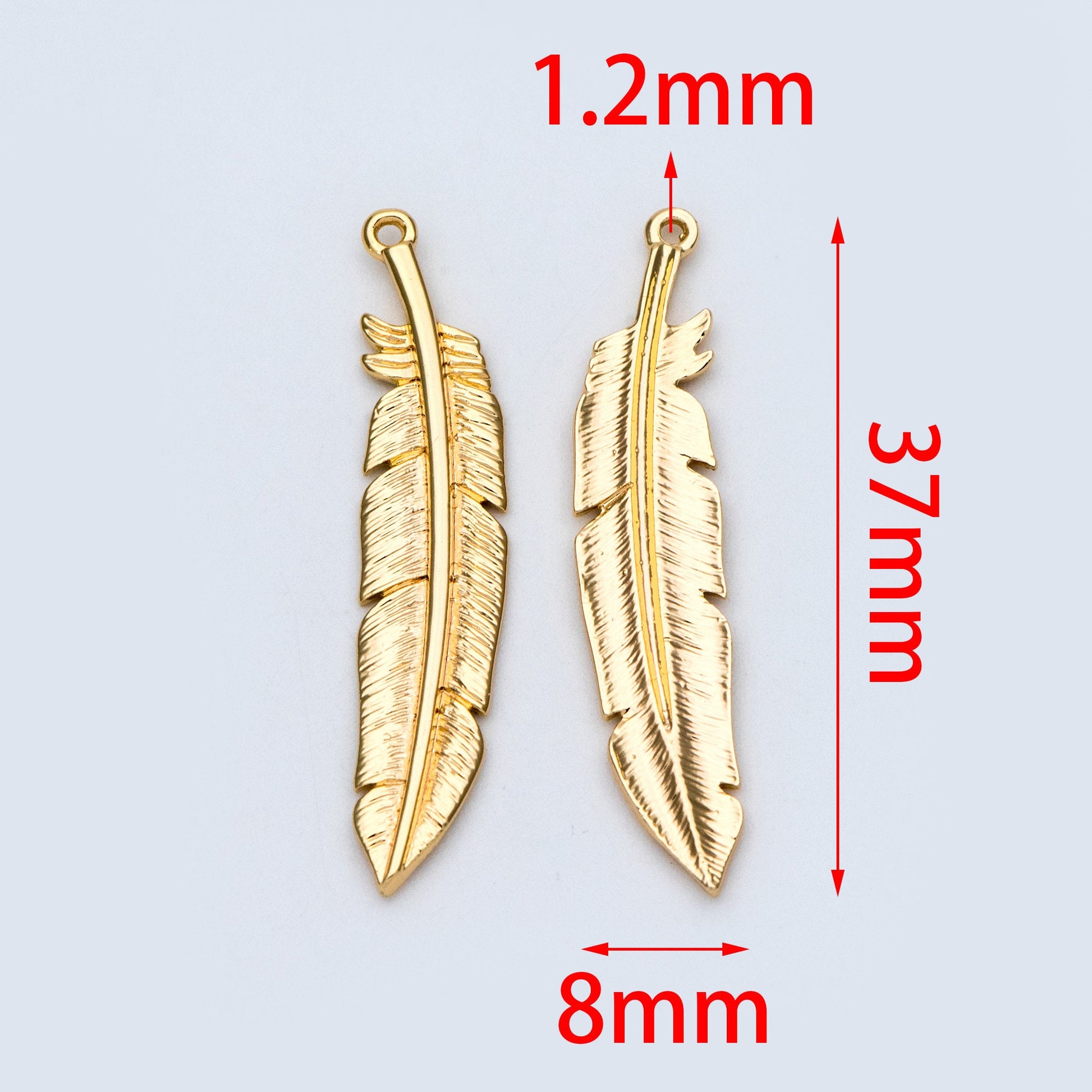 4pcs Gold/ Silver Tone Feather Pendants 37x8mm, 18K gold/ rhodium plated Brass Feather Charms, Lead Nickel Free (GB-383-C)