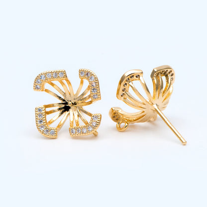 4pcs CZ Pave Flower Ear Post with Loop, 13mm, Pearl Earring Mounts, Half Drilled Pearls Earring Settings (#GB-926)