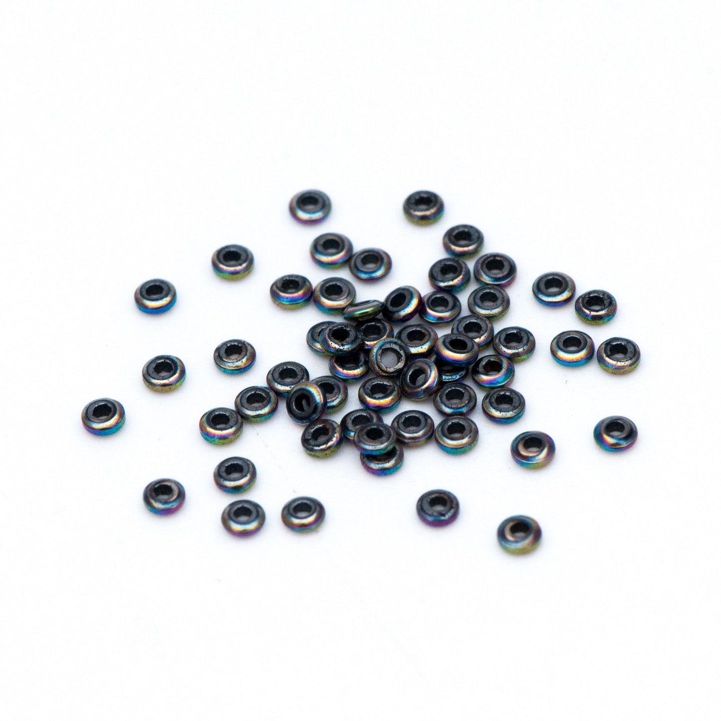 500pcs Hematite Seed Beads, Delicate Rondelle Spacer Beads 2x1mm, Metal Color Blue Green (#V6093-4)