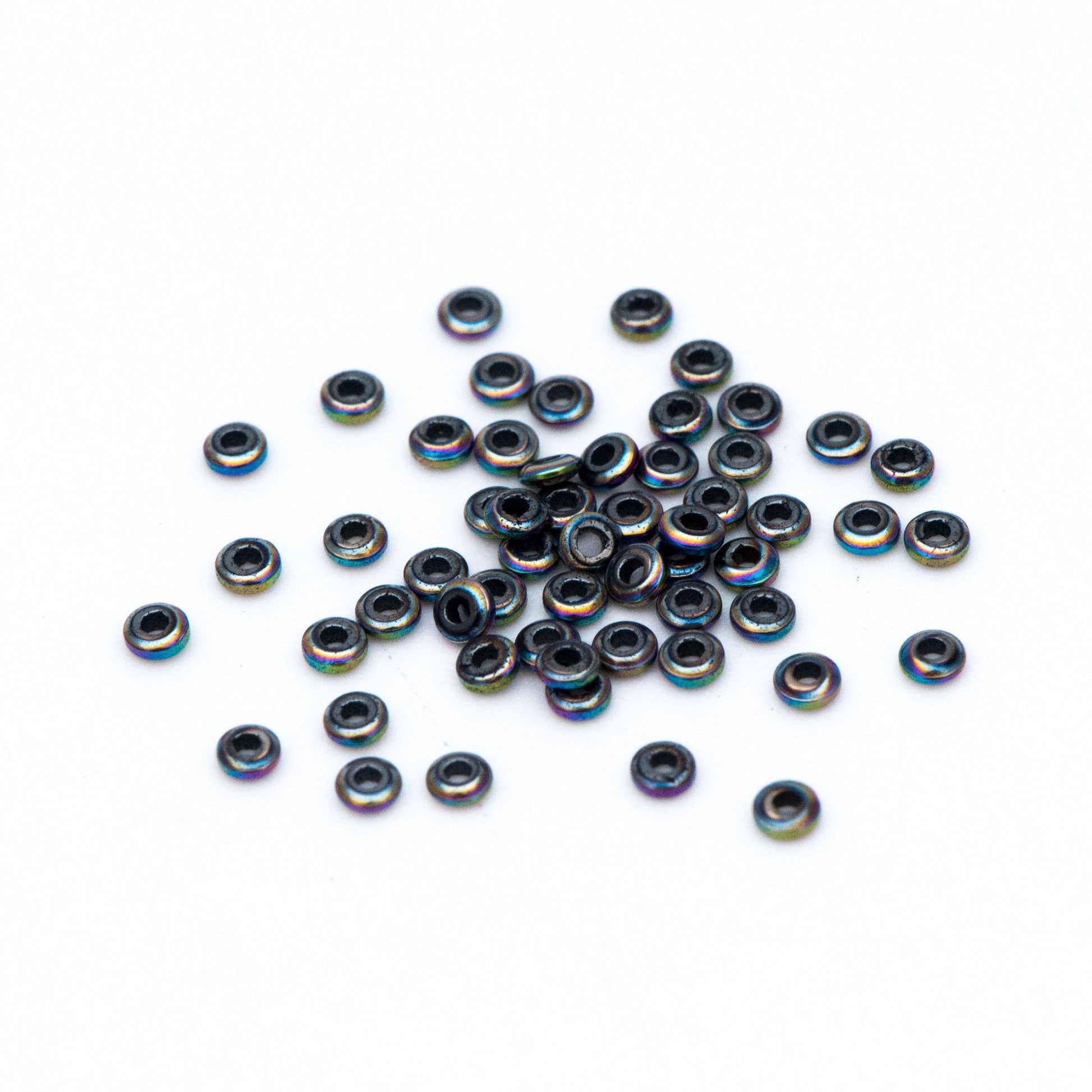 500pcs Hematite Seed Beads, Delicate Rondelle Spacer Beads 2x1mm, Metal Color Blue Green (#V6093-4)
