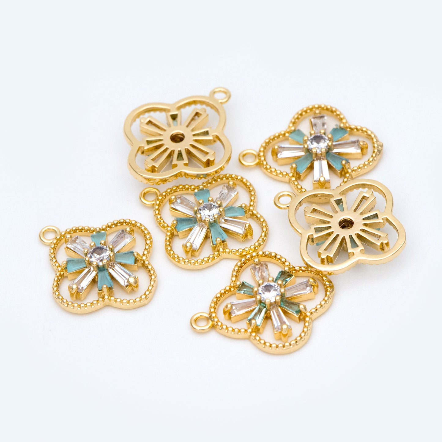 4pcs CZ Pave Gold Charms 19x16mm, Rhinestone Clover Pendants, Real Gold plated Brass Findings (GB-3486-G)