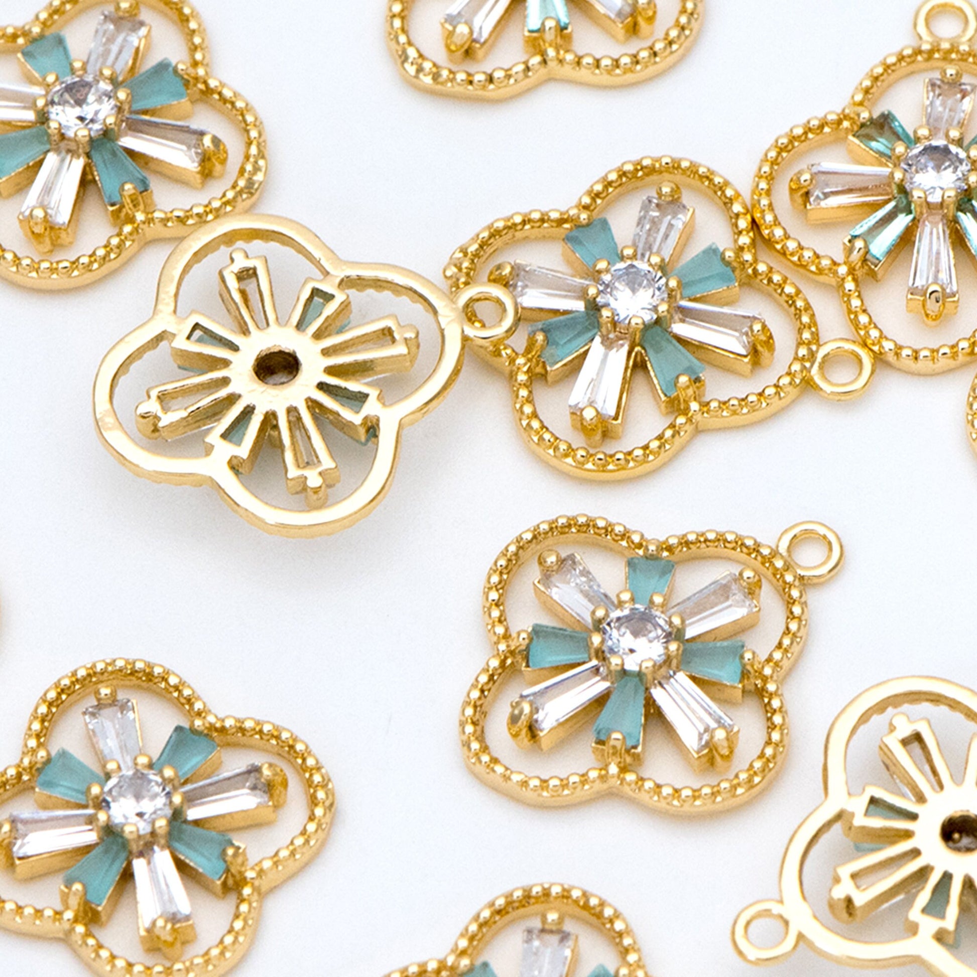 4pcs CZ Pave Gold Charms 19x16mm, Rhinestone Clover Pendants, Real Gold plated Brass Findings (GB-3486-G)