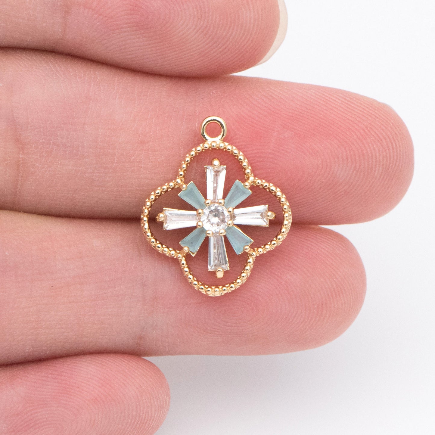 4pcs CZ Pave Gold Charms 19x16mm, Rhinestone Clover Pendants, Real Gold plated Brass Findings (GB-3486-G)