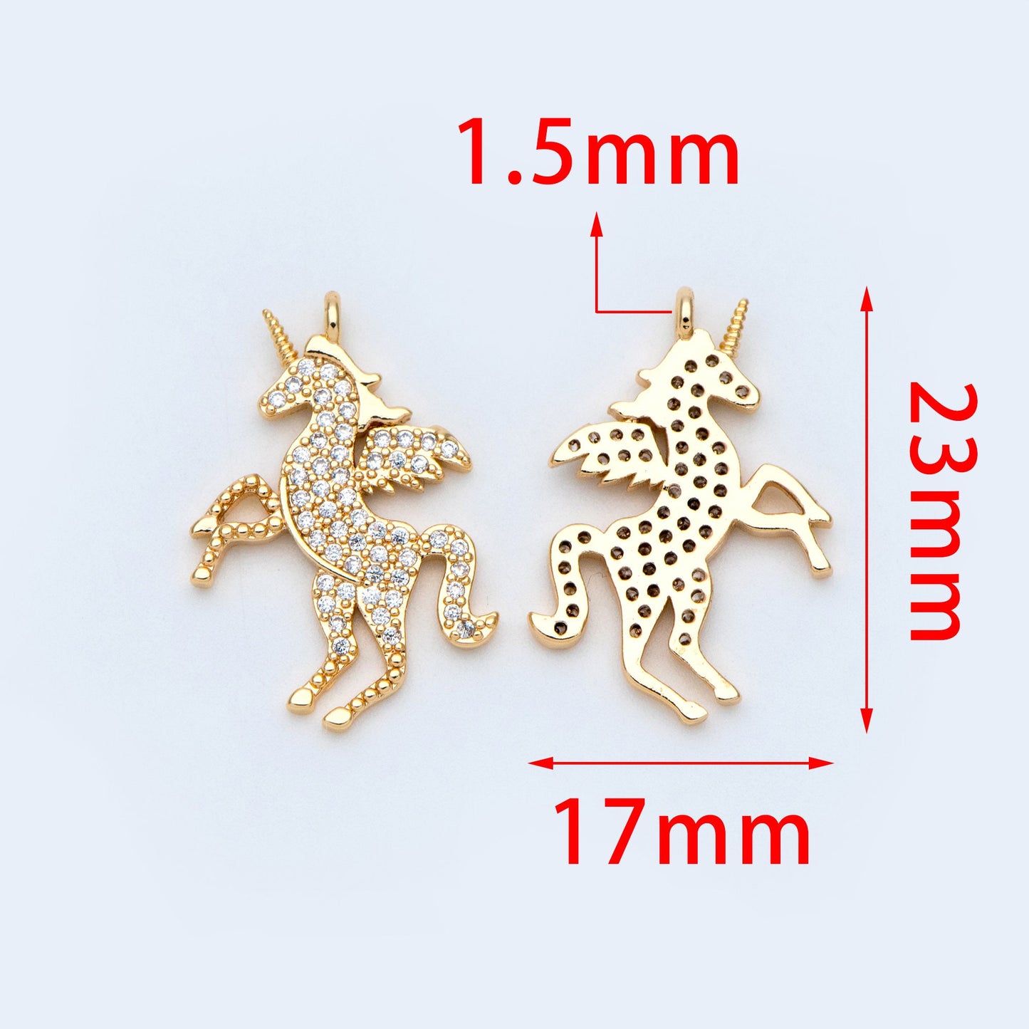 4pcs CZ pave Gold Unicorn Charm Pendants, Two Sizes 27x19mm (#GB-730-A)