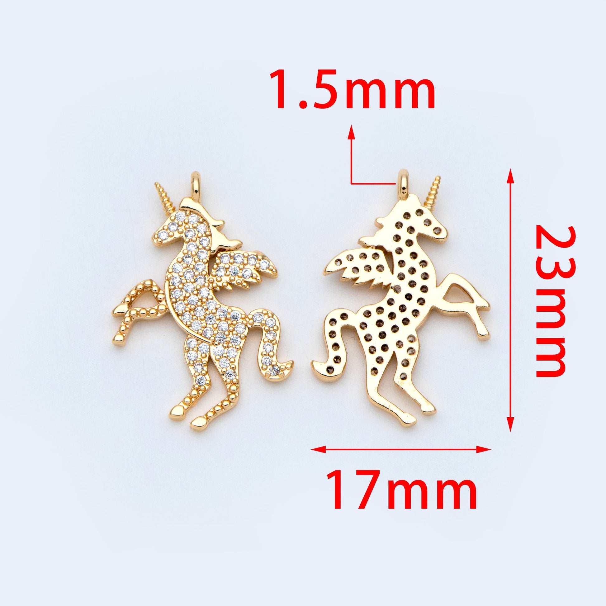 4pcs CZ pave Gold Unicorn Charm Pendants, Two Sizes 27x19mm (#GB-730-A)
