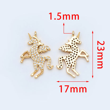 4pcs CZ pave Gold Unicorn Charm Pendants, Two Sizes 27x19mm (#GB-730-A)