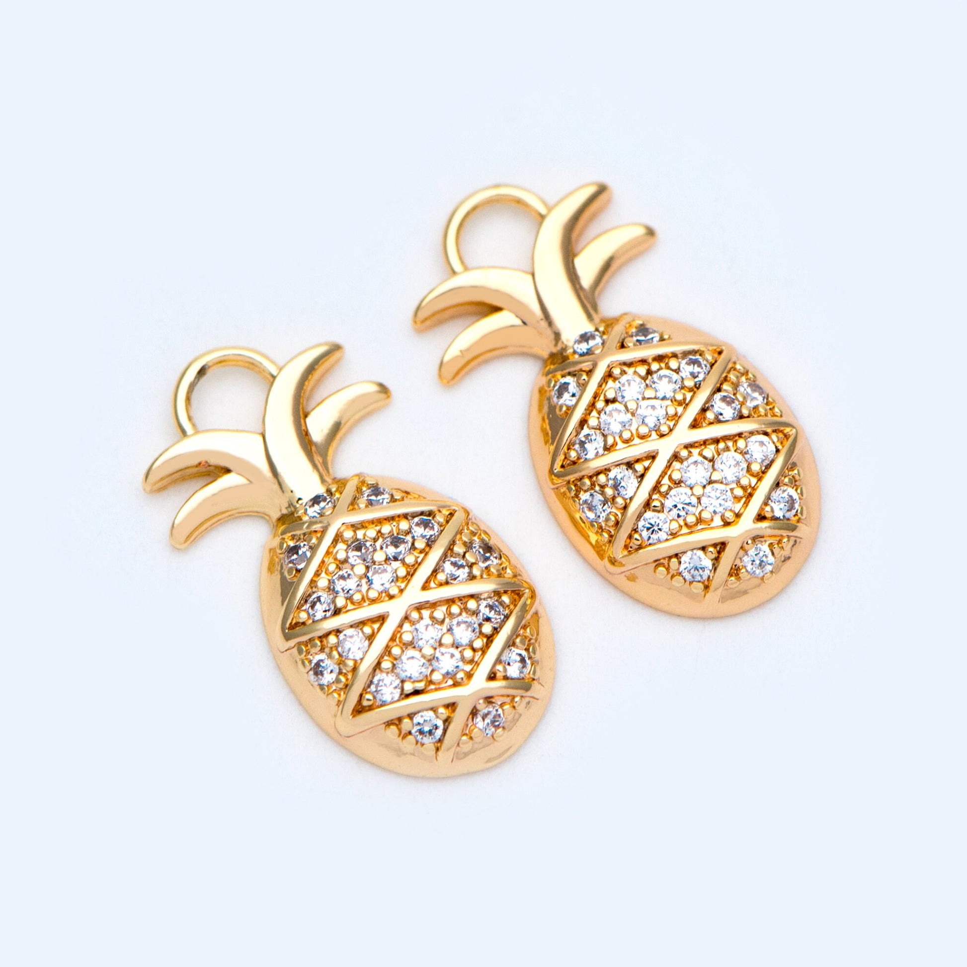 4pcs CZ pave Gold/ Silver Pineapple Charms 16x8mm, 18K Gold/ Rhodium plated Brass Pineapple Pendants (GB-4095-C)