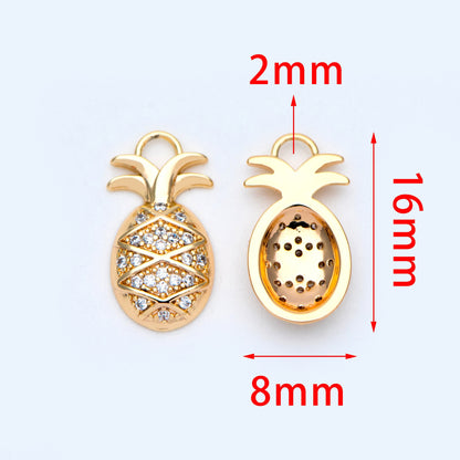 4pcs CZ pave Gold/ Silver Pineapple Charms 16x8mm, 18K Gold/ Rhodium plated Brass Pineapple Pendants (GB-4095-C)