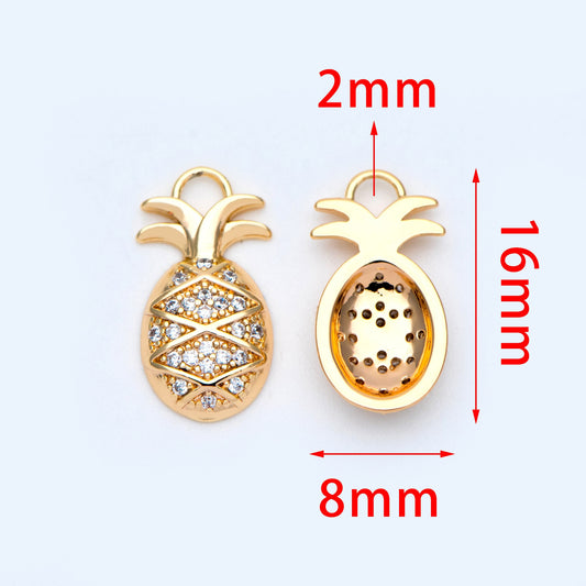 4pcs CZ pave Gold/ Silver Pineapple Charms 16x8mm, 18K Gold/ Rhodium plated Brass Pineapple Pendants (GB-4095-C)