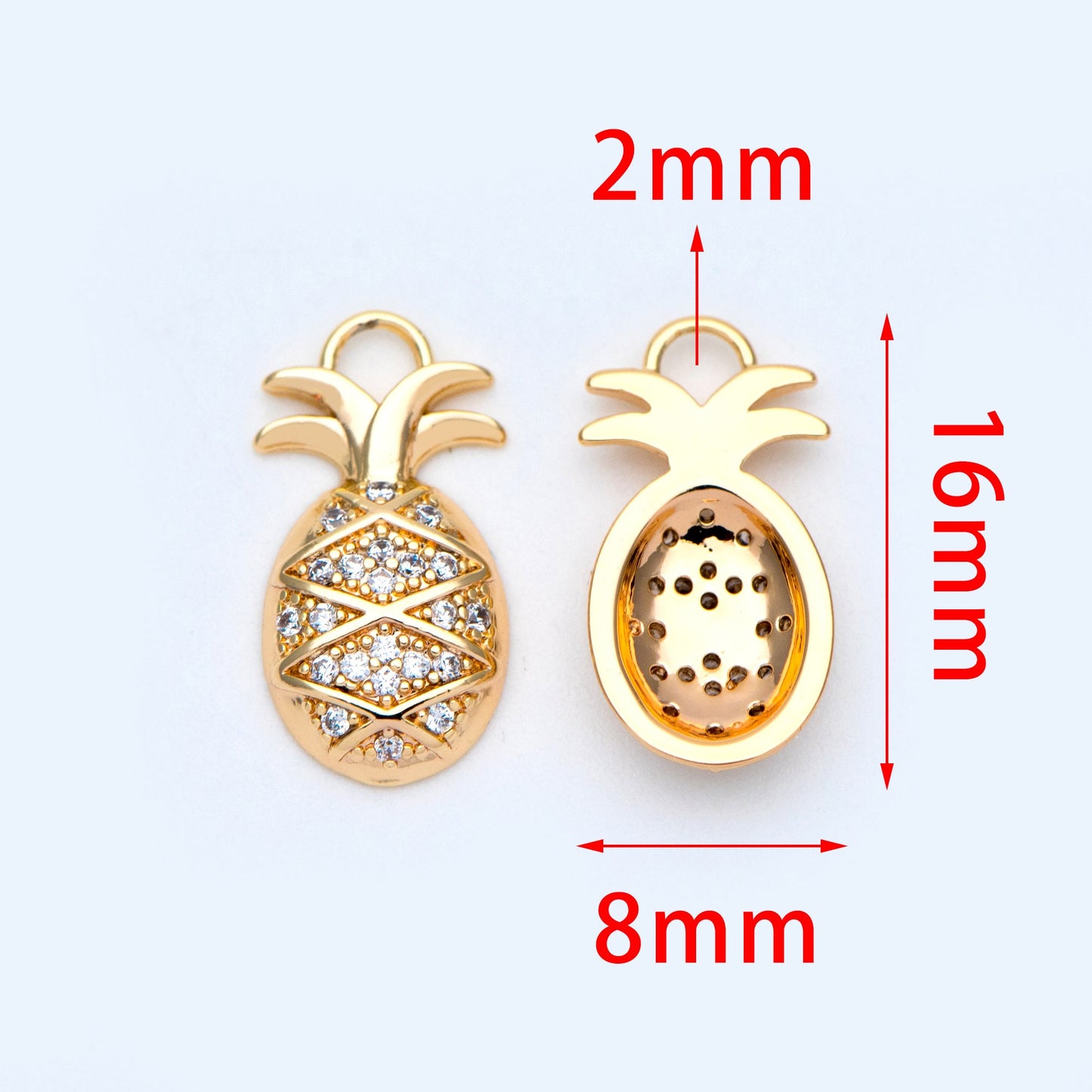 4pcs CZ pave Gold/ Silver Pineapple Charms 16x8mm, 18K Gold/ Rhodium plated Brass Pineapple Pendants (GB-4095-C)