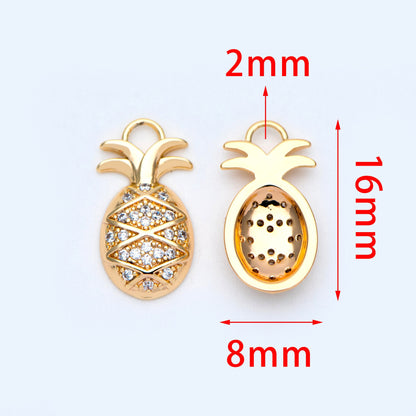 4pcs CZ pave Gold/ Silver Pineapple Charms 16x8mm, 18K Gold/ Rhodium plated Brass Pineapple Pendants (GB-4095-C)