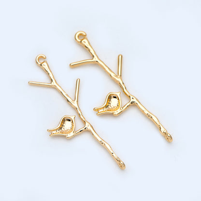 10pcs Gold/ Silver Tone Bird on Tree Pendants 33x12mm, Gold/ Rhodium plated Brass Branch Connectors, Leaf Charms with Two Loops (GB-3622-C)